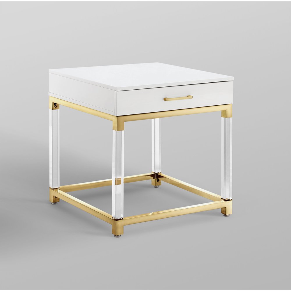 White and Gold Wood Acrylic and Stainless Steel Square End Table with Drawer