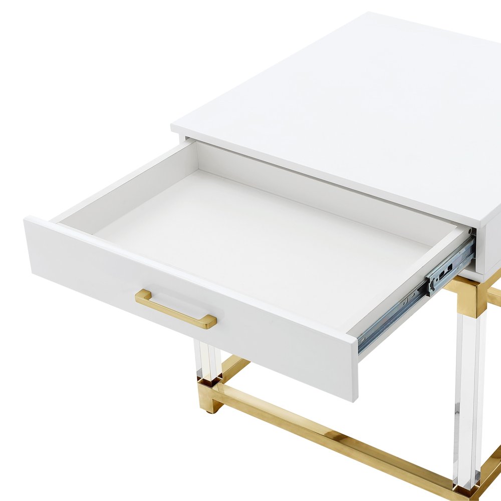 White and Gold Wood Acrylic and Stainless Steel Square End Table with Drawer