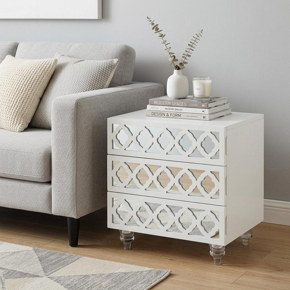Clear and White Wood Mirrored End Table with Three Drawers - 24-inch