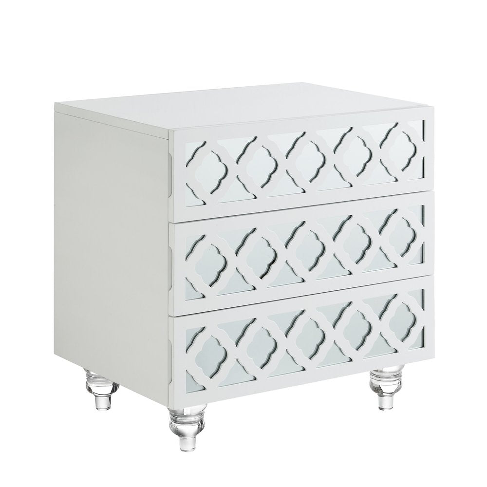 Clear and White Wood Mirrored End Table with Three Drawers - 24-inch