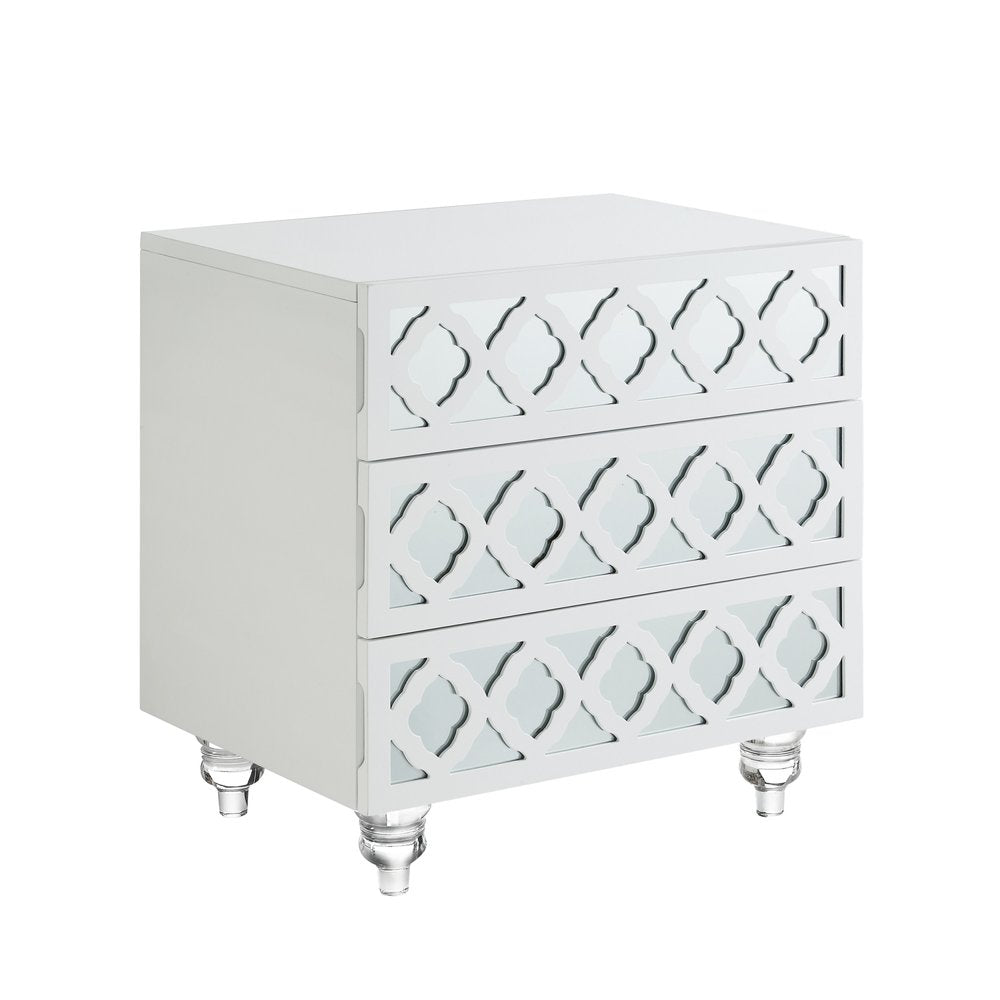 Clear and White Wood Mirrored End Table with Three Drawers - 24-inch