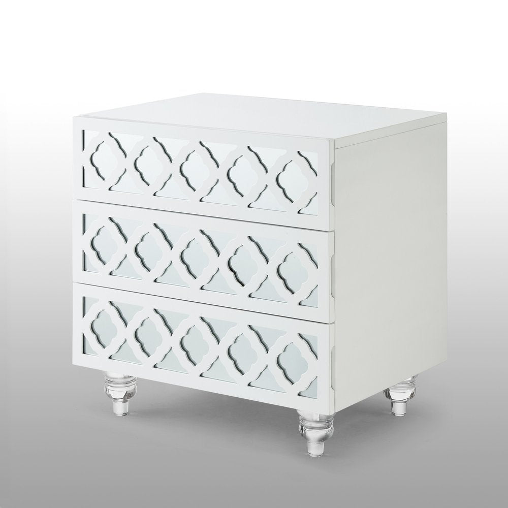 Clear and White Wood Mirrored End Table with Three Drawers - 24-inch