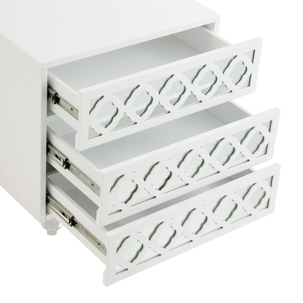 Clear and White Wood Mirrored End Table with Three Drawers - 24-inch
