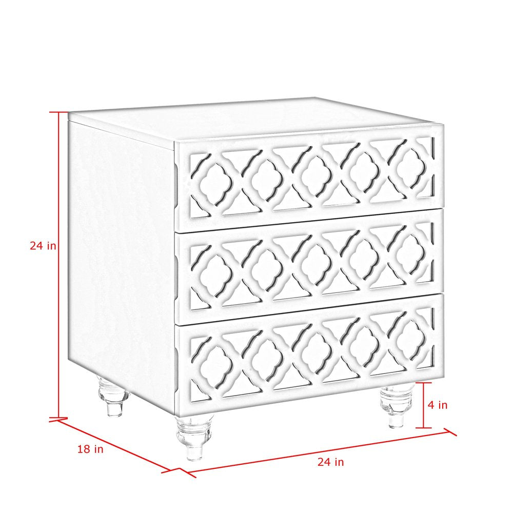 Clear and White Wood Mirrored End Table with Three Drawers - 24-inch