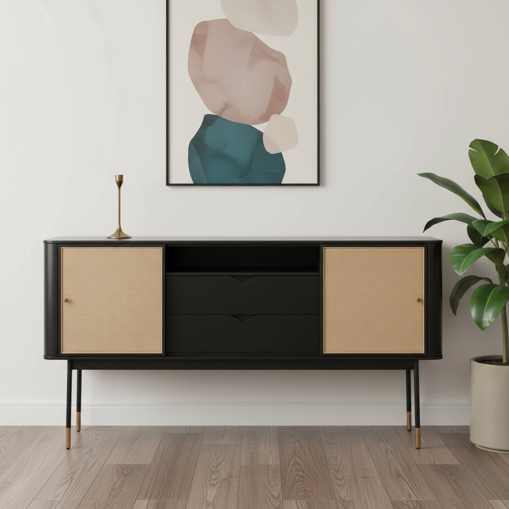 Black and Natural Wood Two Drawer Sideboard with Two Sliding Doors - 59-inch