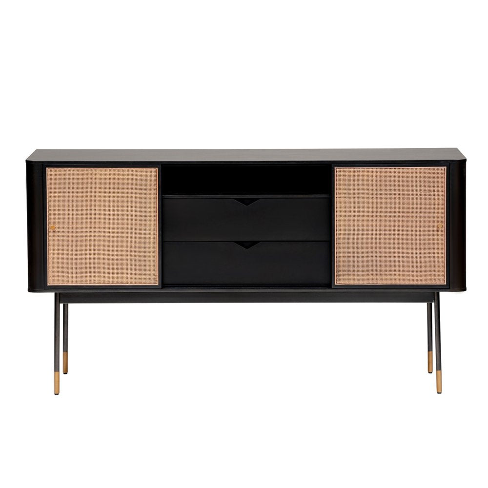 Black and Natural Wood Two Drawer Sideboard with Two Sliding Doors - 59-inch