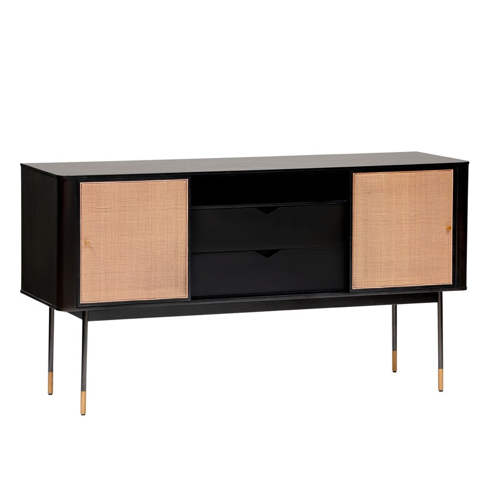 Black and Natural Wood Two Drawer Sideboard with Two Sliding Doors - 59-inch