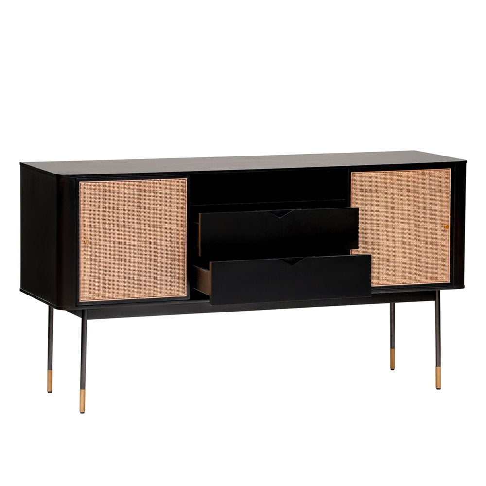 Black and Natural Wood Two Drawer Sideboard with Two Sliding Doors - 59-inch