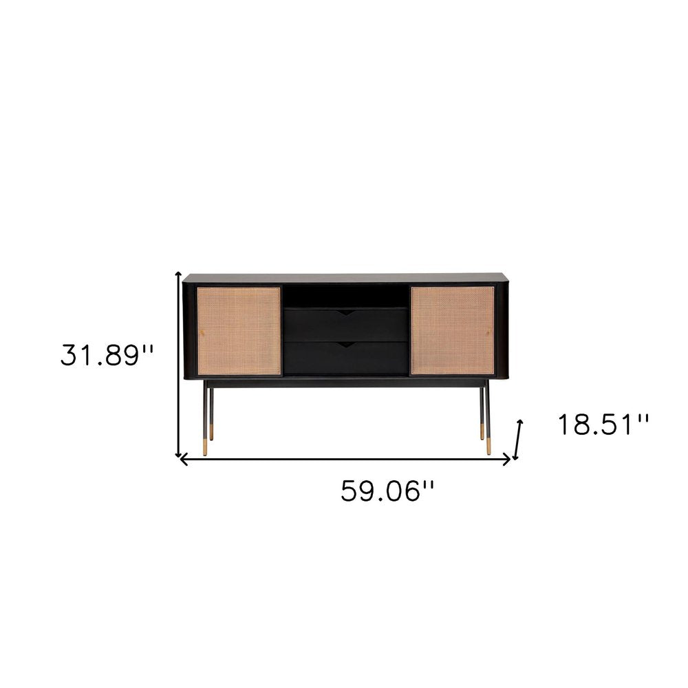 Black and Natural Wood Two Drawer Sideboard with Two Sliding Doors - 59-inch