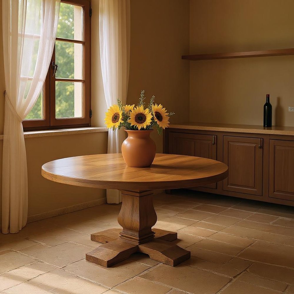 Brown Solid Wood Pedestal Base Round Top Dining Table - 58-inch