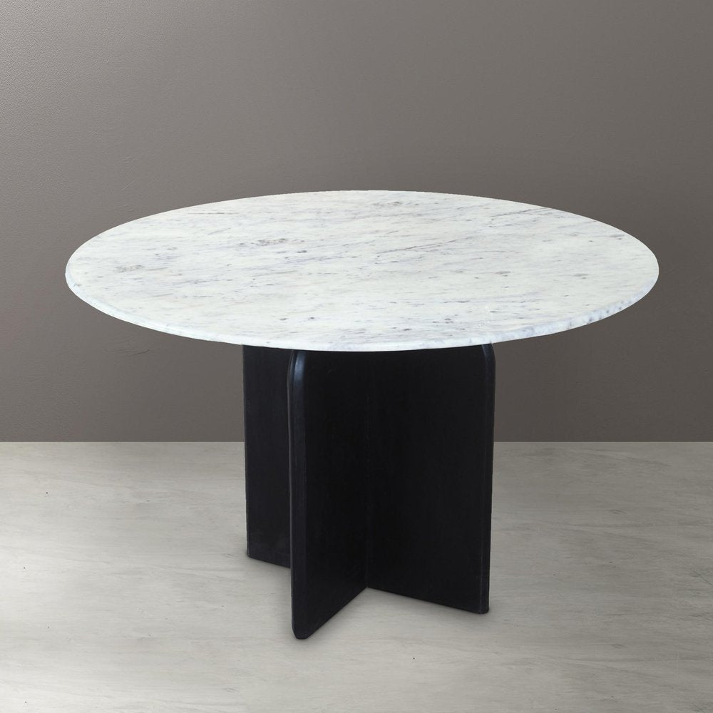 White and Black Marble and Solid Wood Pedestal Base Round Top Dining Table