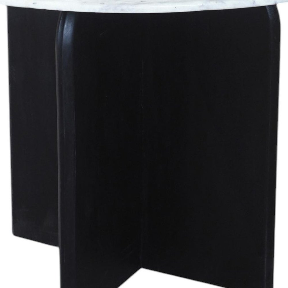 White and Black Marble and Solid Wood Pedestal Base Round Top Dining Table