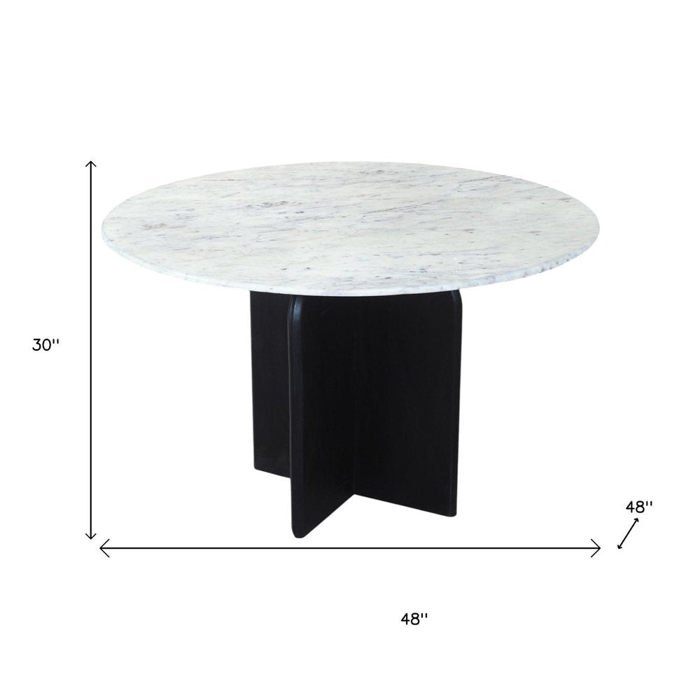 White and Black Marble and Solid Wood Pedestal Base Round Top Dining Table