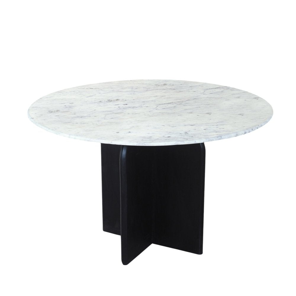White and Black Marble and Solid Wood Pedestal Base Round Top Dining Table