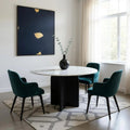 White and Black Marble and Solid Wood Pedestal Base Round Top Dining Table