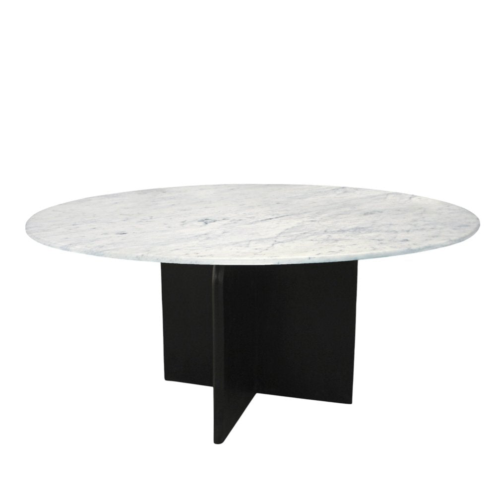 White and Black Marble and Solid Wood Pedestal Base Round Top Dining Table