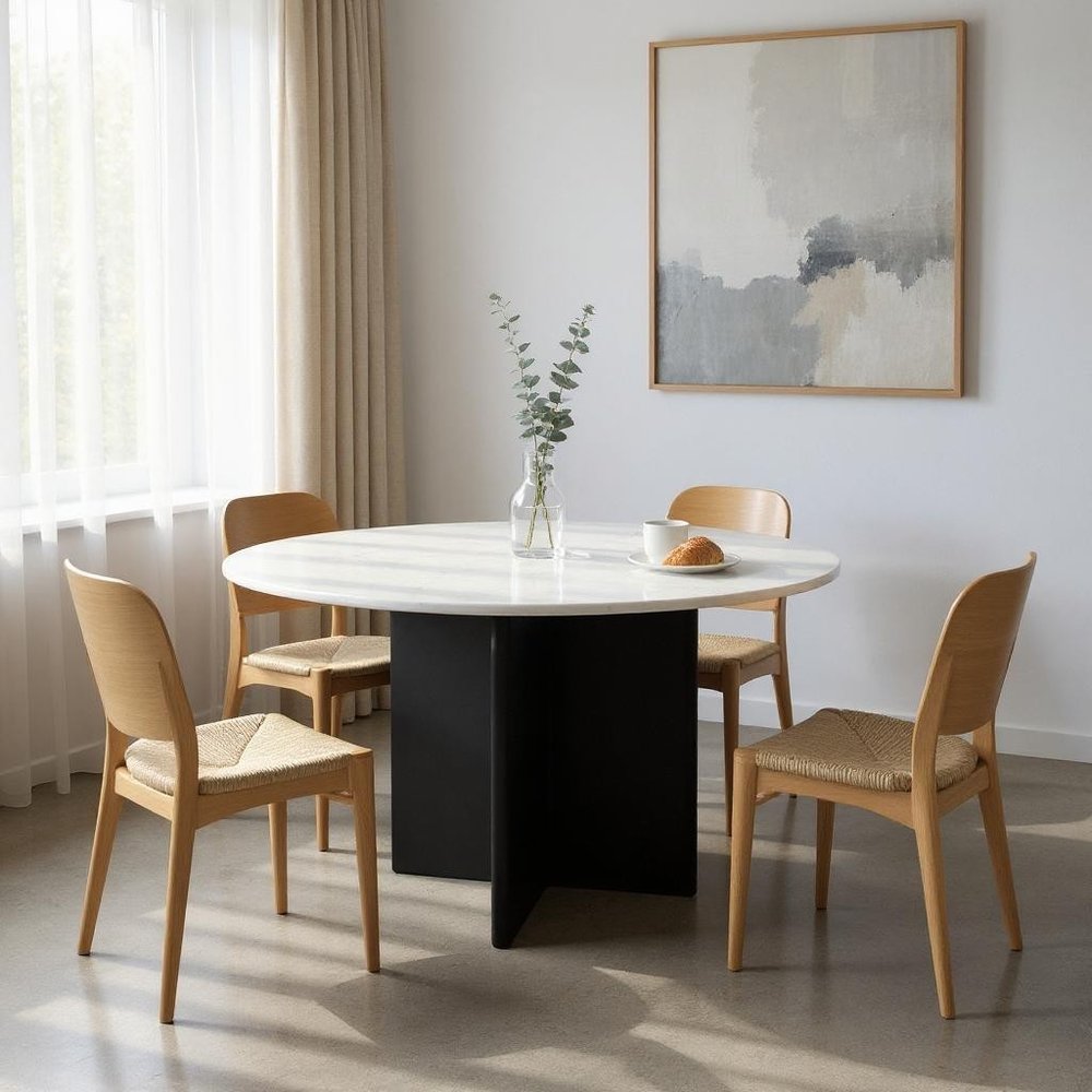 White and Black Marble and Solid Wood Pedestal Base Round Top Dining Table