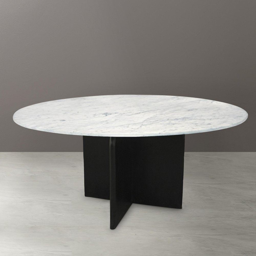 White and Black Marble and Solid Wood Pedestal Base Round Top Dining Table