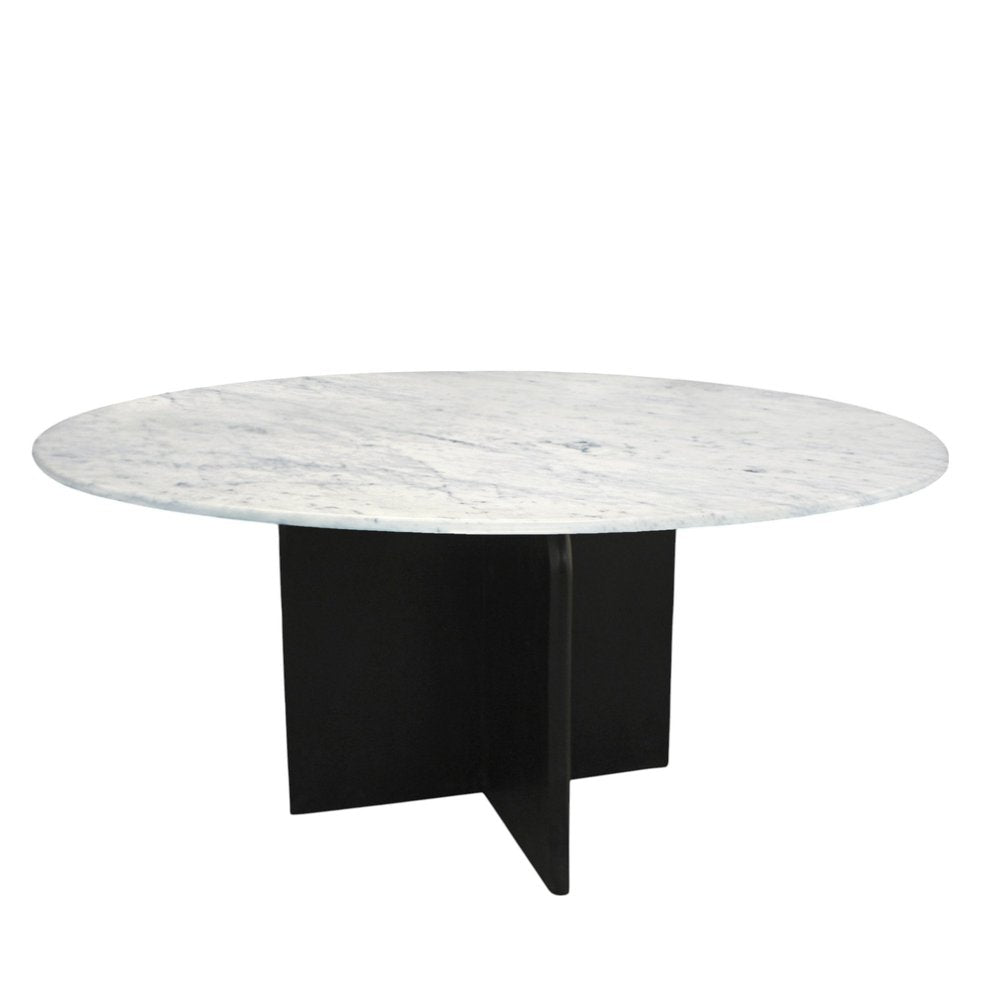 White and Black Marble and Solid Wood Pedestal Base Round Top Dining Table