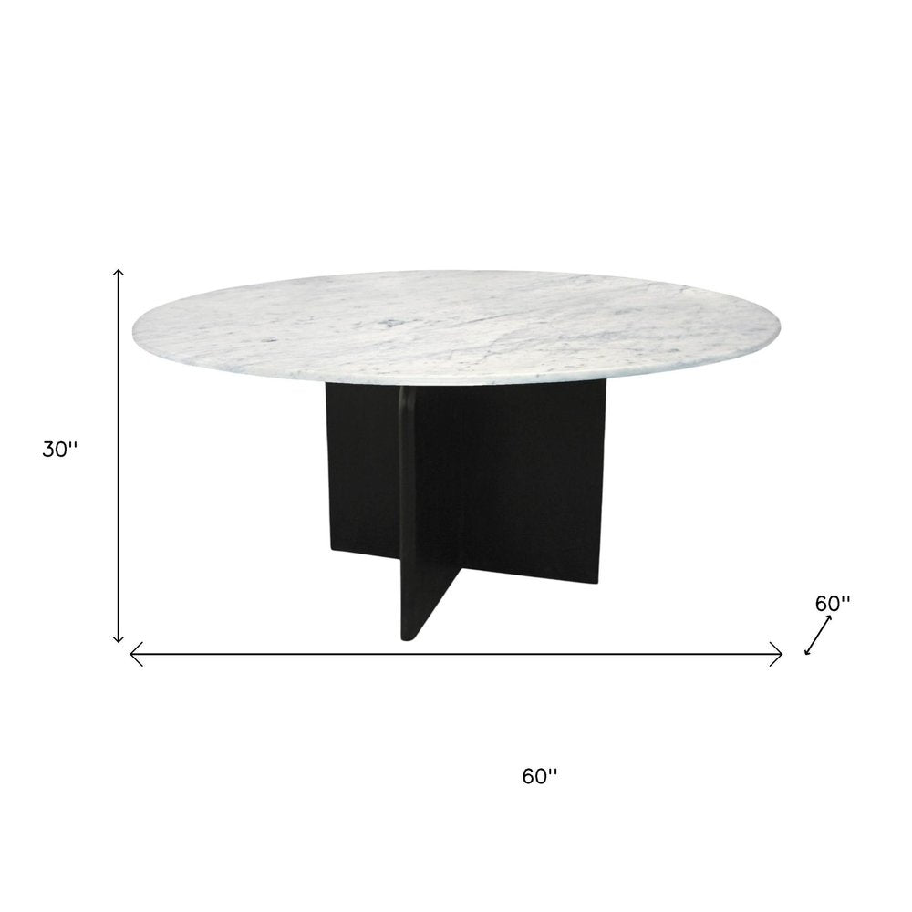 White and Black Marble and Solid Wood Pedestal Base Round Top Dining Table