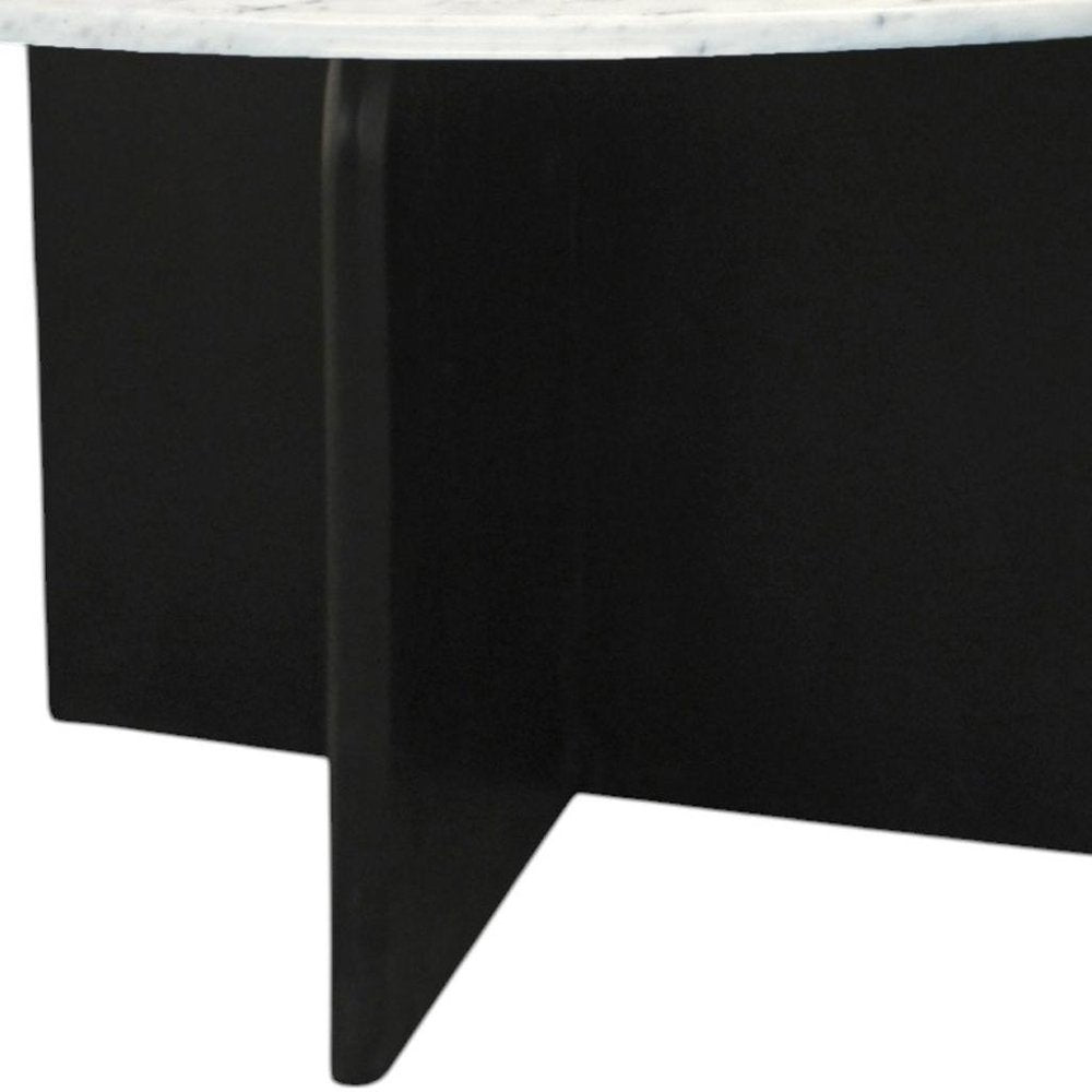 White and Black Marble and Solid Wood Pedestal Base Round Top Dining Table