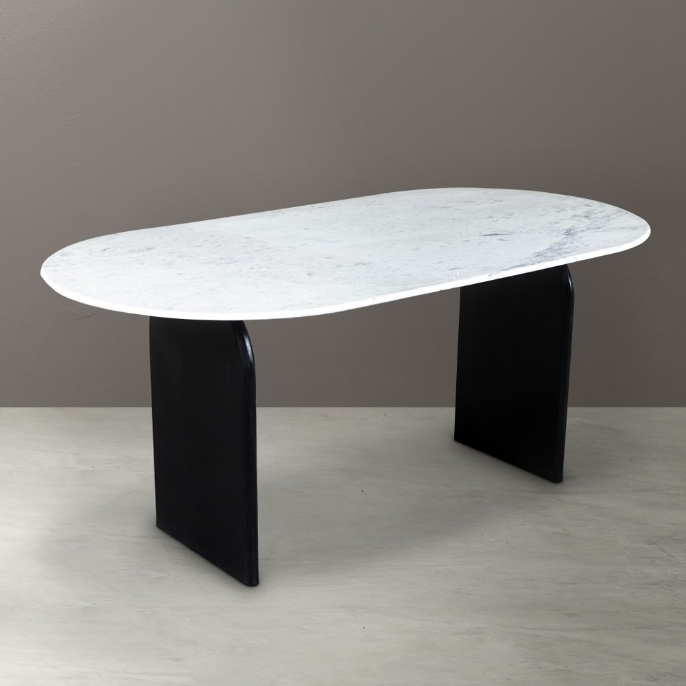 White and Black Marble and Solid Wood Sled Base Oval Dining Table - 72-inch