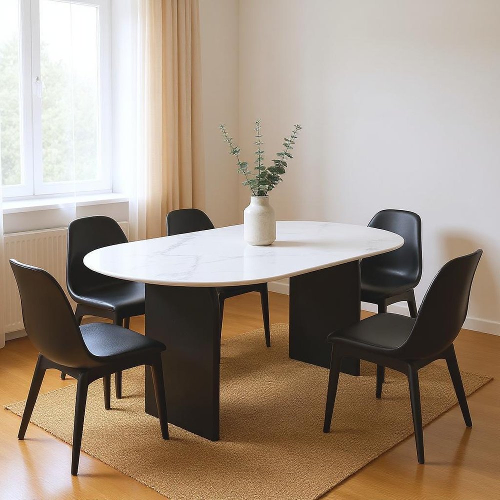 White and Black Marble and Solid Wood Sled Base Oval Dining Table - 72-inch