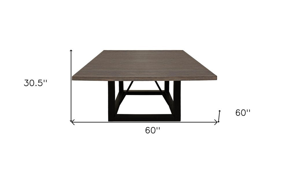 Dark Brown and Black Solid Wood and Iron Frame Base Square Dining Table