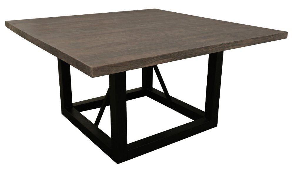 Dark Brown and Black Solid Wood and Iron Frame Base Square Dining Table