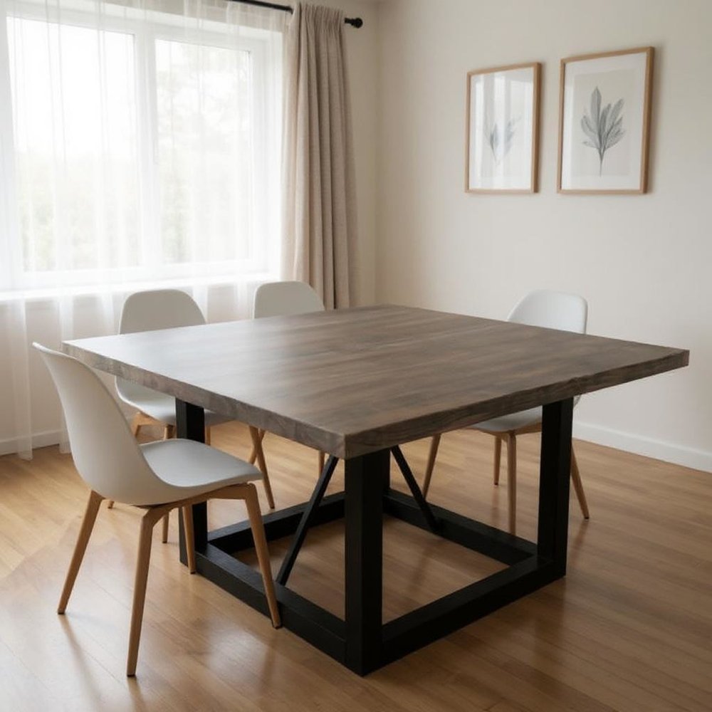 Dark Brown and Black Solid Wood and Iron Frame Base Square Dining Table