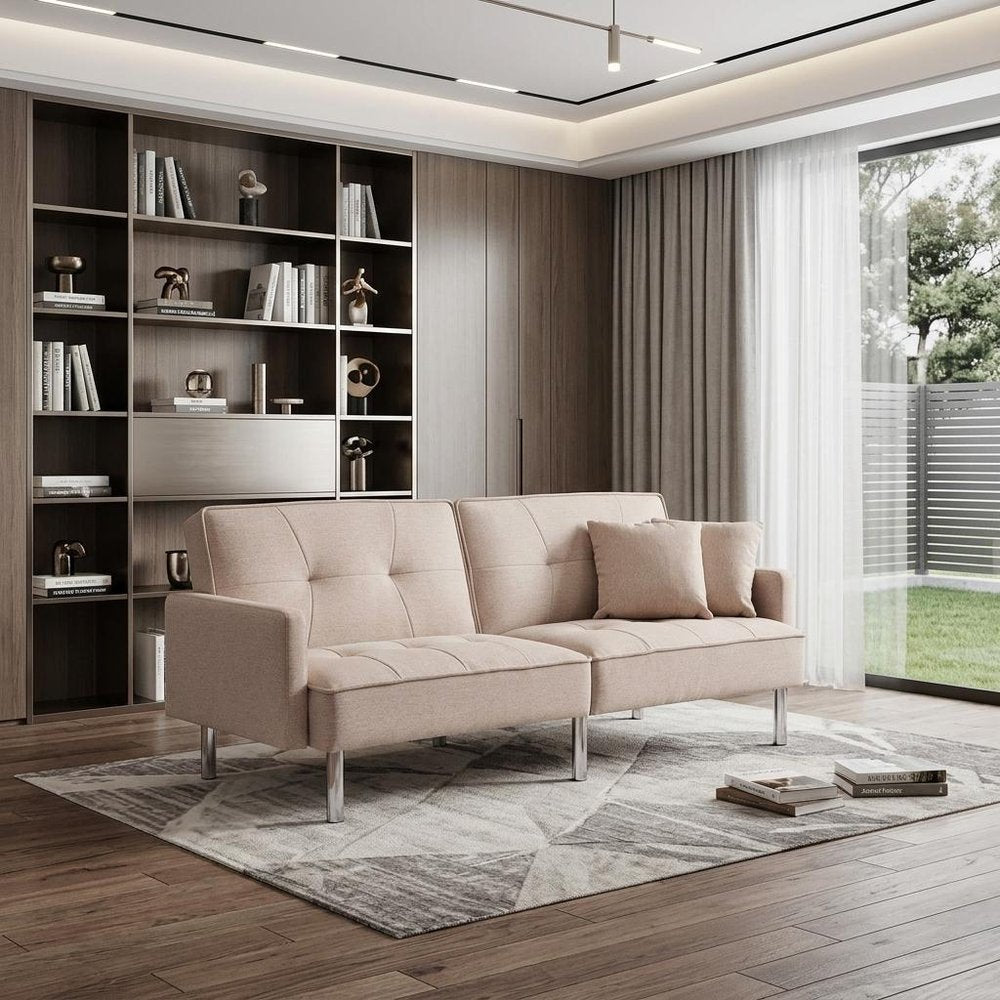 Beige Polyester Blend Convertible Futon Sleeper Sofa and Toss Pillows with Silver Legs