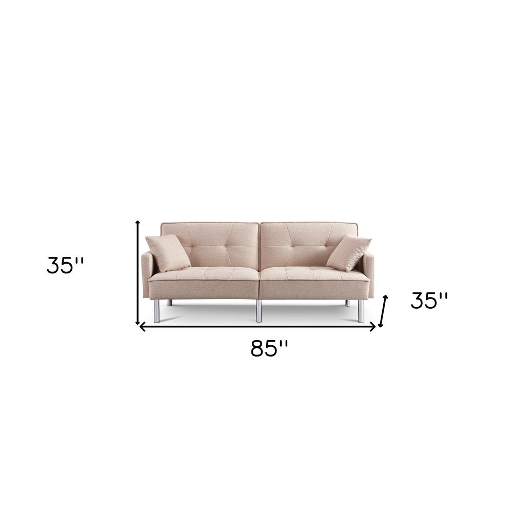 Beige Polyester Blend Convertible Futon Sleeper Sofa and Toss Pillows with Silver Legs