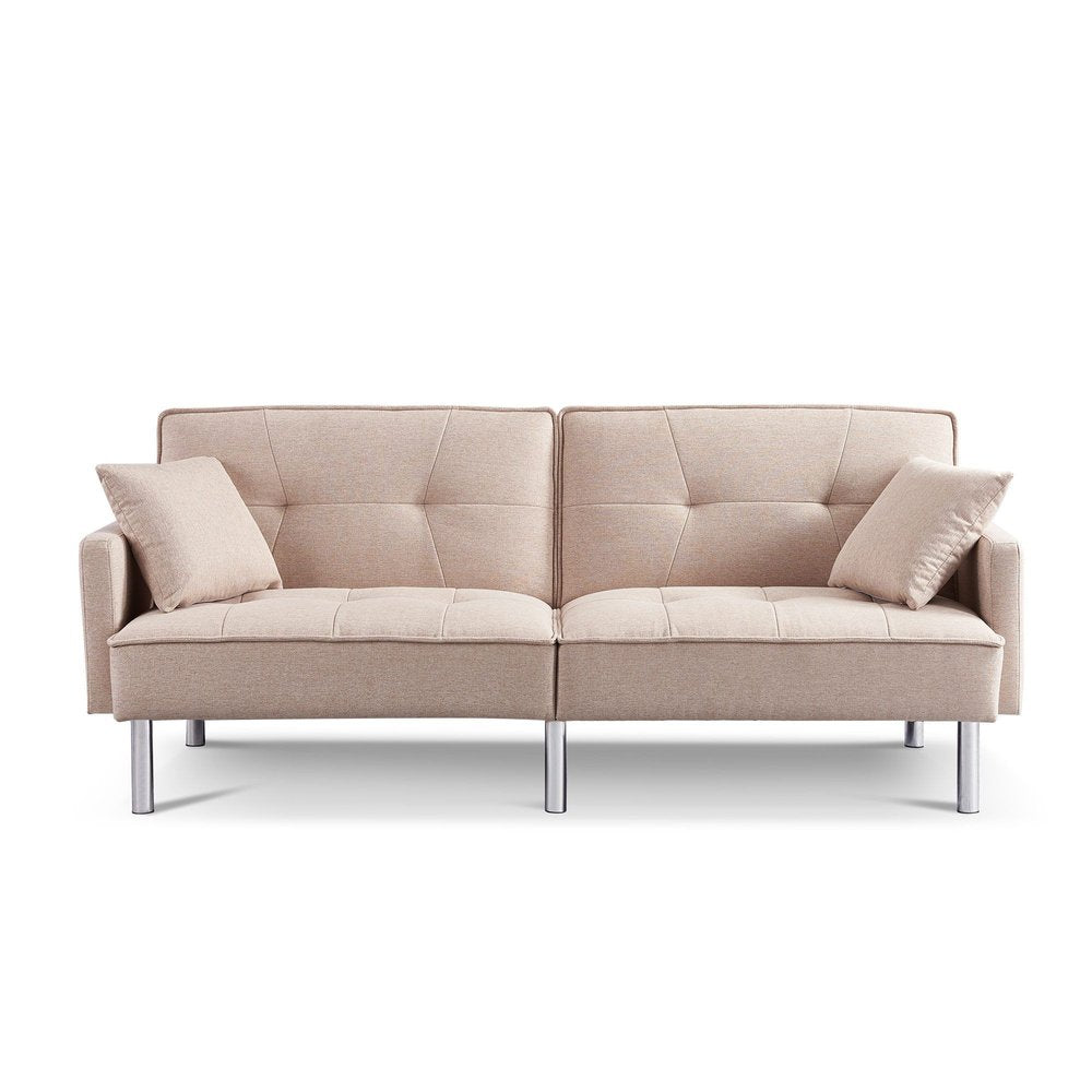 Beige Polyester Blend Convertible Futon Sleeper Sofa and Toss Pillows with Silver Legs