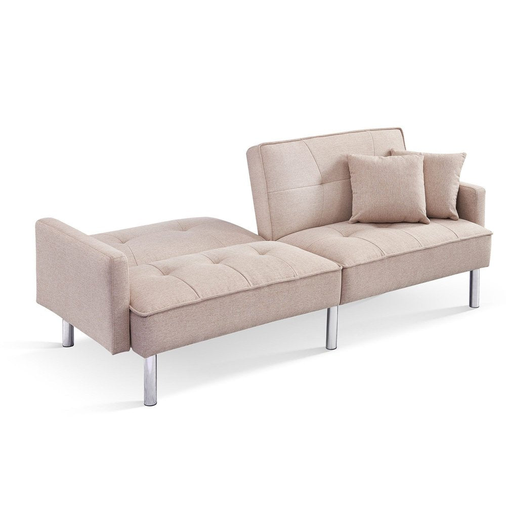 Beige Polyester Blend Convertible Futon Sleeper Sofa and Toss Pillows with Silver Legs