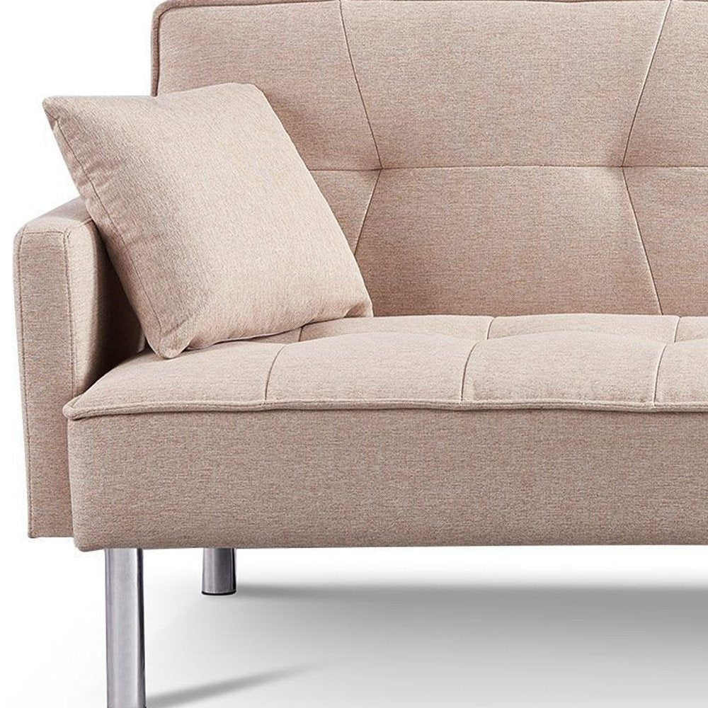 Beige Polyester Blend Convertible Futon Sleeper Sofa and Toss Pillows with Silver Legs