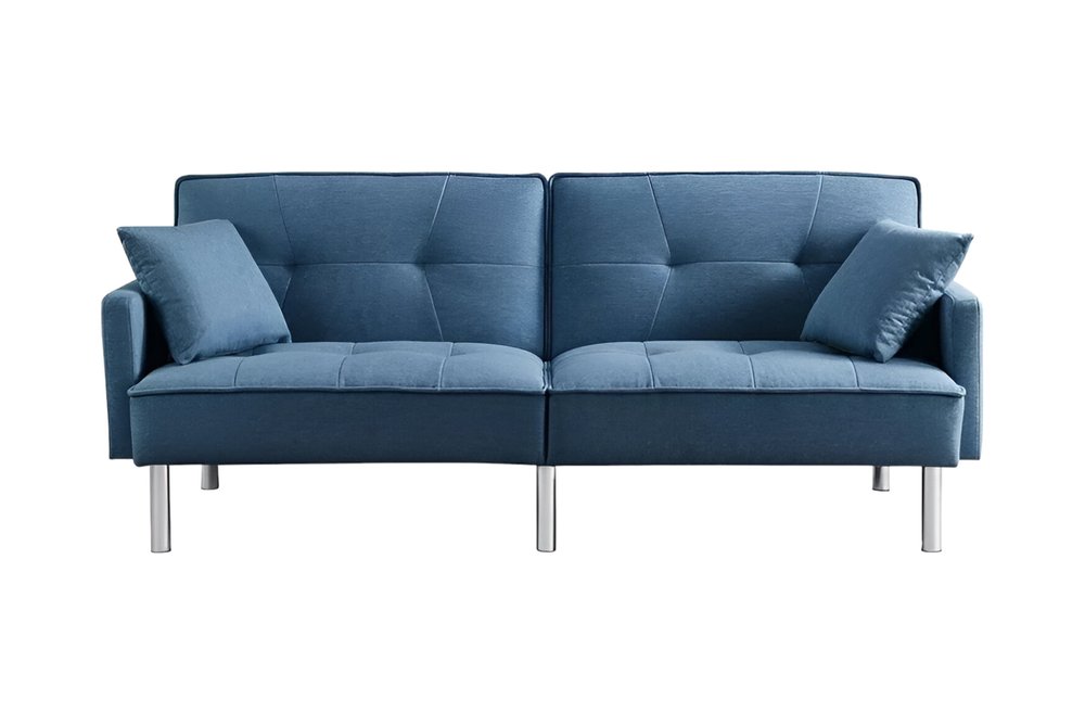 Blue Polyester Blend Convertible Futon Sleeper Sofa and Toss Pillows with Silver Legs