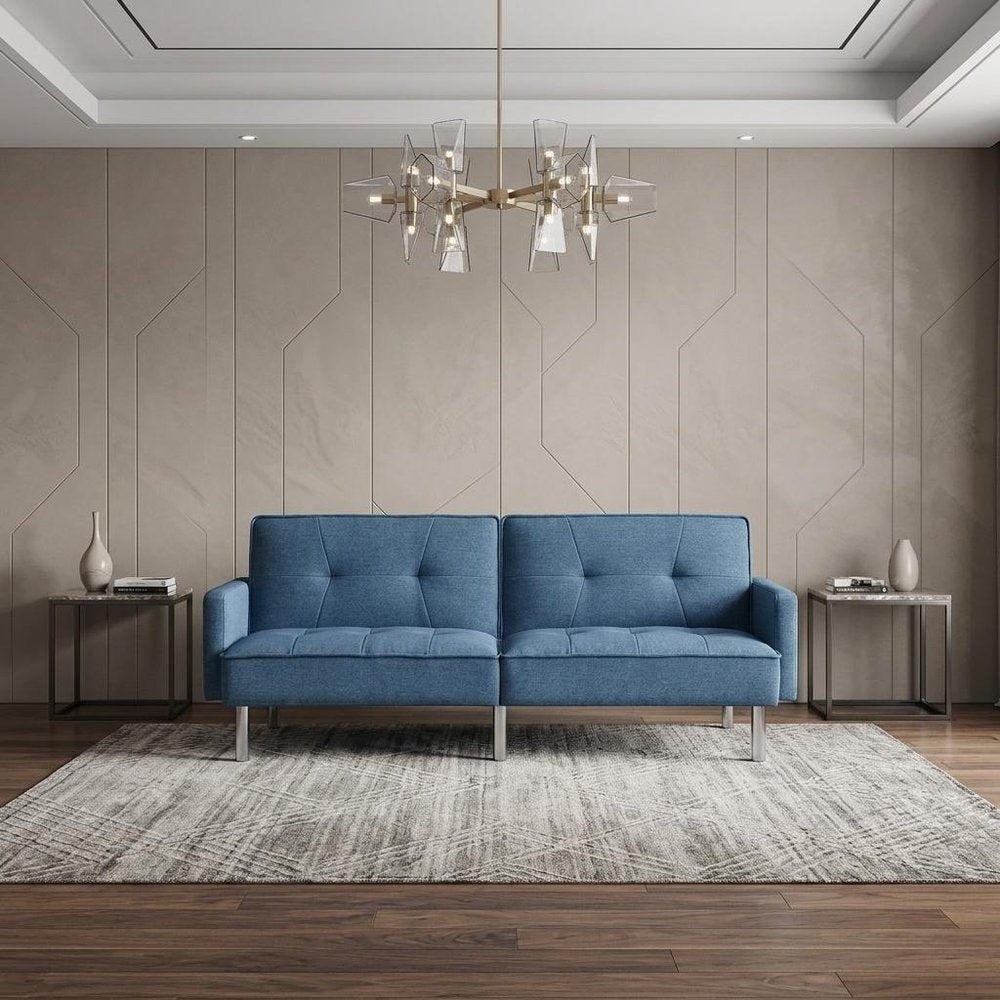 Blue Polyester Blend Convertible Futon Sleeper Sofa and Toss Pillows with Silver Legs