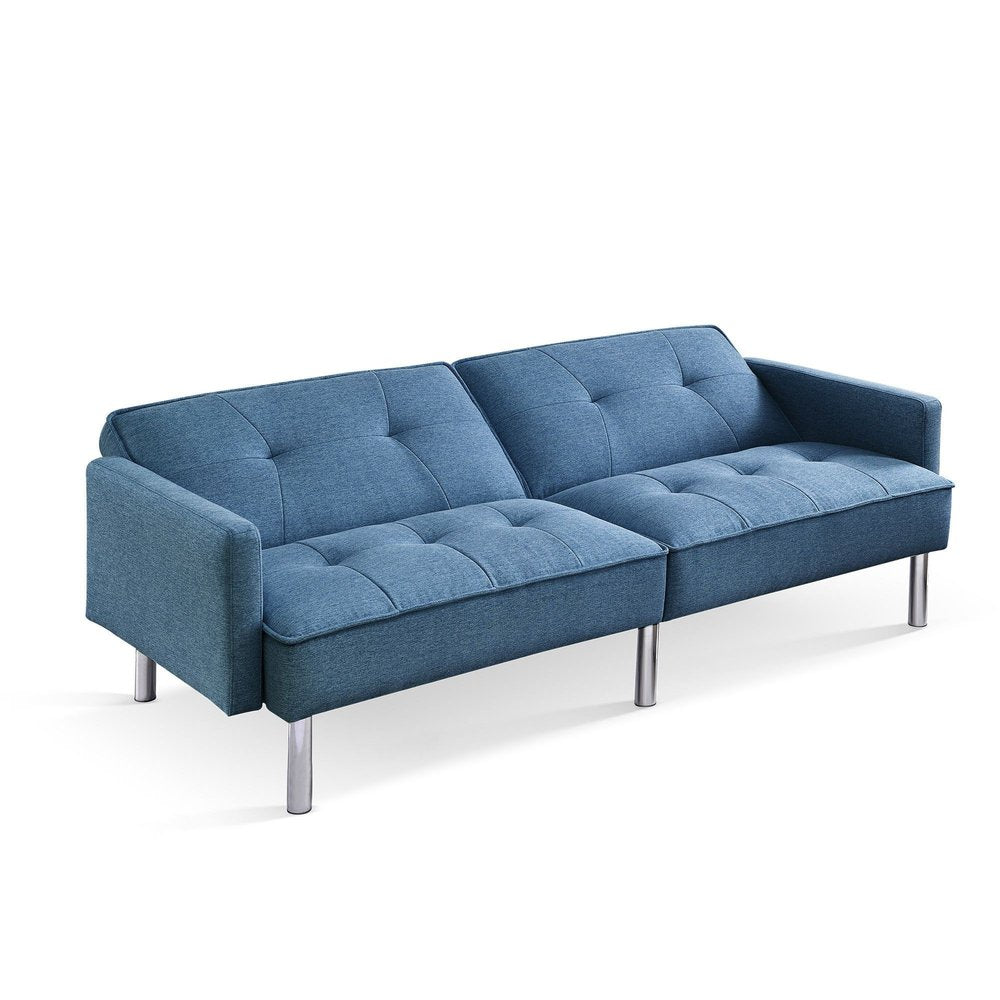 Blue Polyester Blend Convertible Futon Sleeper Sofa and Toss Pillows with Silver Legs