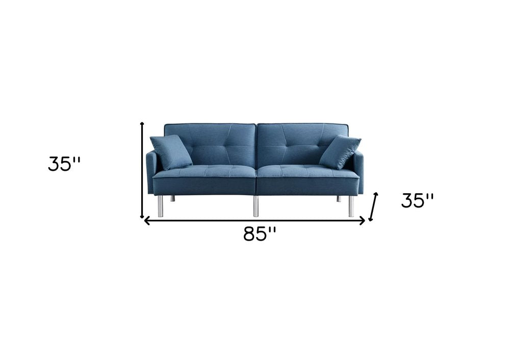 Blue Polyester Blend Convertible Futon Sleeper Sofa and Toss Pillows with Silver Legs