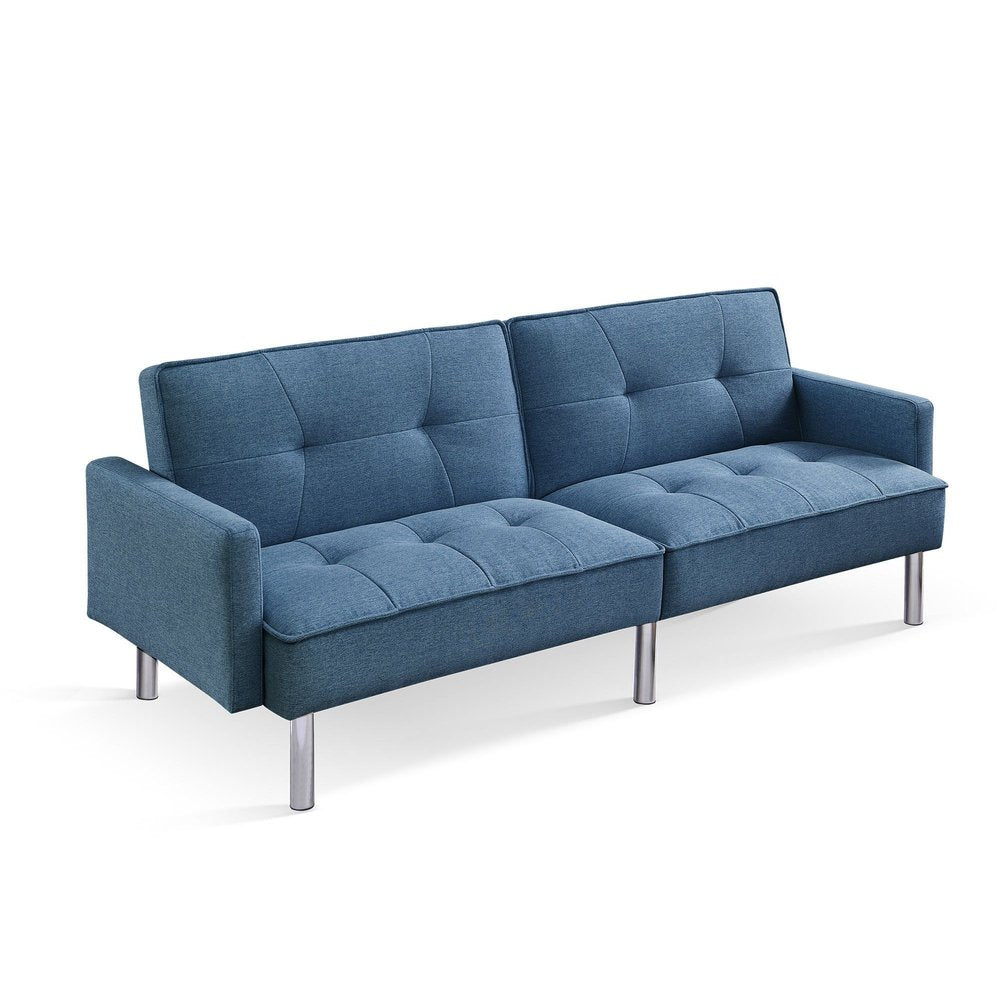 Blue Polyester Blend Convertible Futon Sleeper Sofa and Toss Pillows with Silver Legs