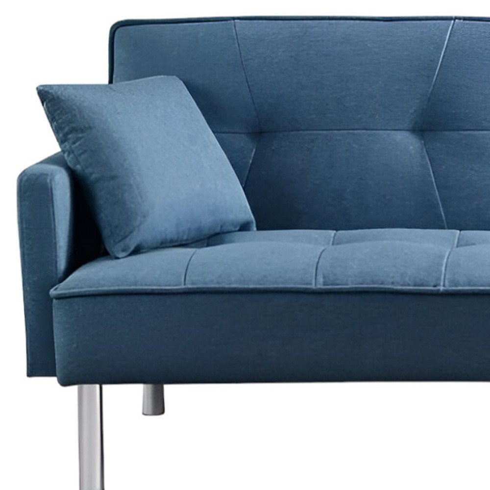 Blue Polyester Blend Convertible Futon Sleeper Sofa and Toss Pillows with Silver Legs
