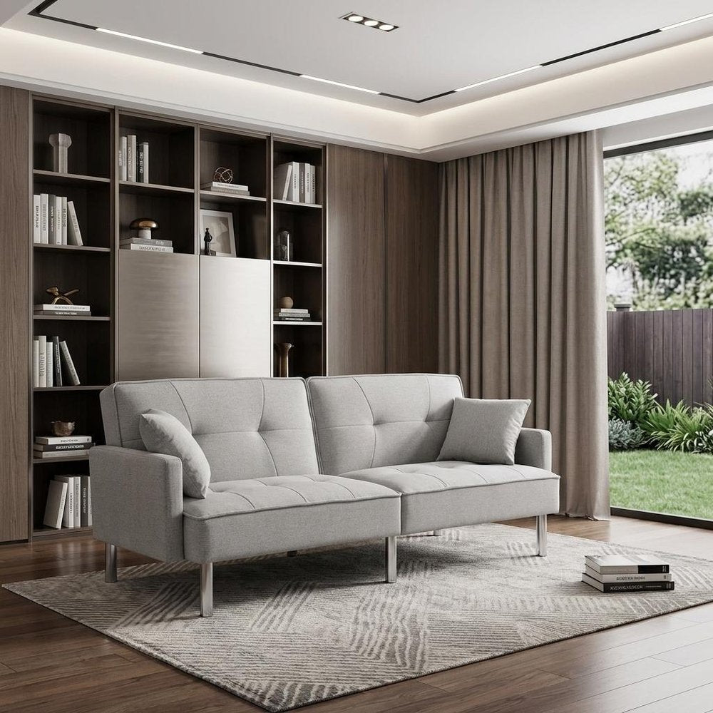 Light Gray Polyester Blend Convertible Futon Sleeper Sofa and Toss Pillows with Silver Legs