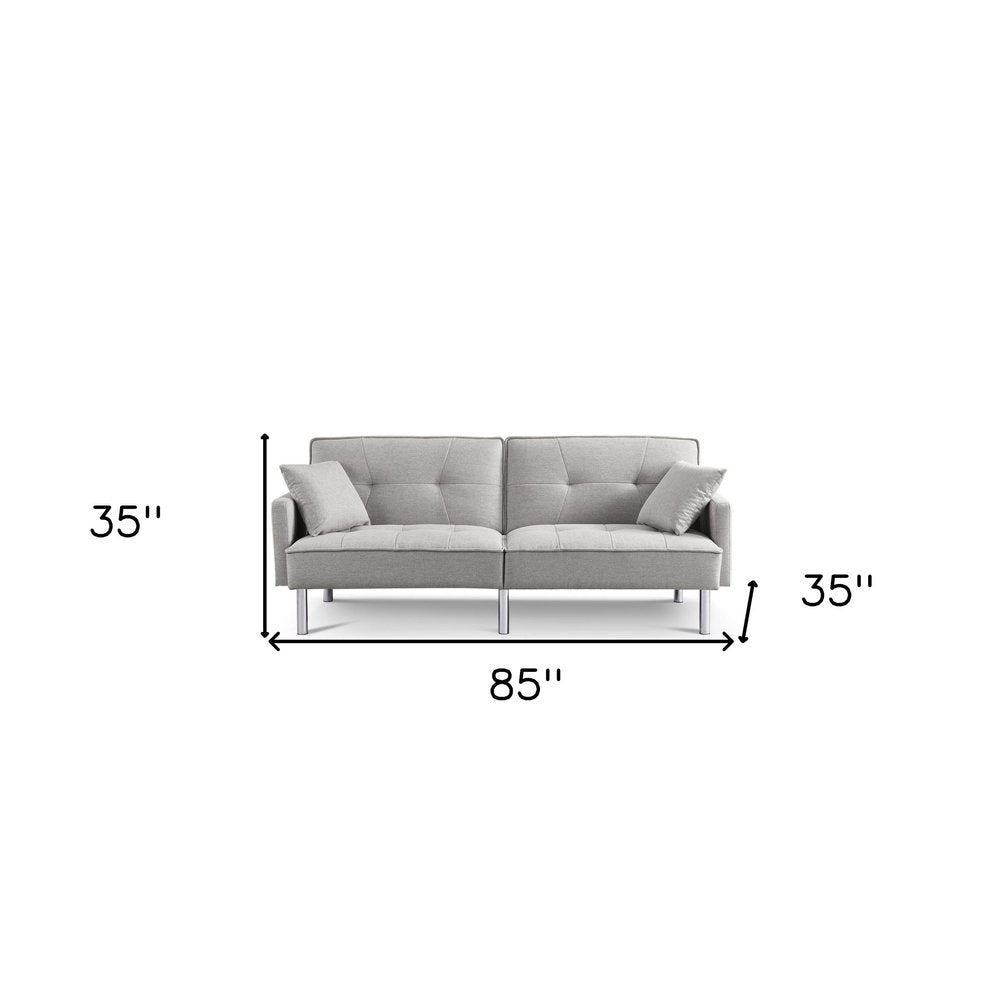 Light Gray Polyester Blend Convertible Futon Sleeper Sofa and Toss Pillows with Silver Legs