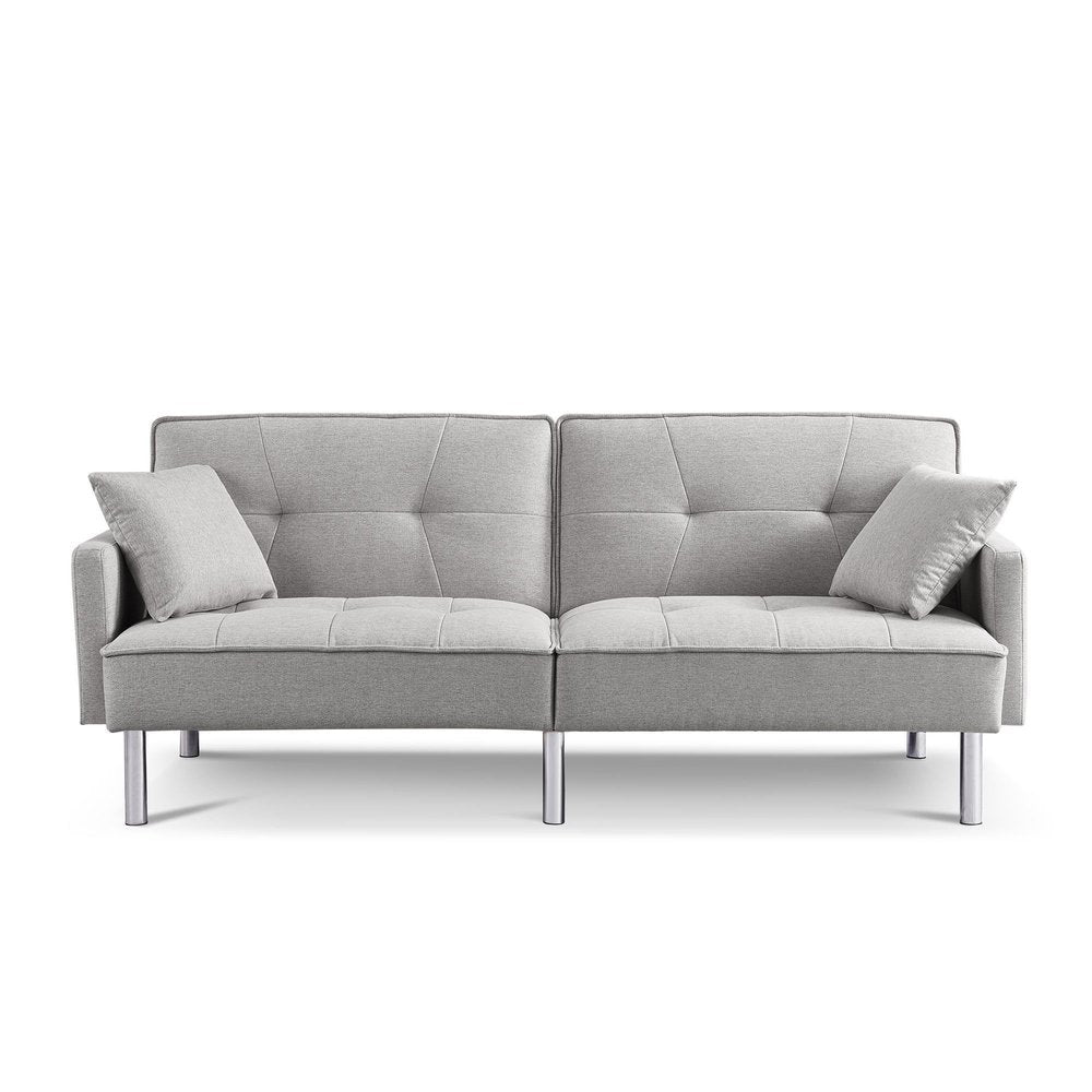 Light Gray Polyester Blend Convertible Futon Sleeper Sofa and Toss Pillows with Silver Legs