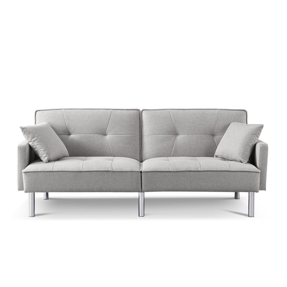 Light Gray Polyester Blend Convertible Futon Sleeper Sofa and Toss Pillows with Silver Legs