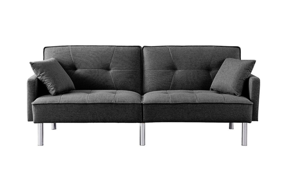 Dark Gray Polyester Blend Convertible Futon Sleeper Sofa and Toss Pillows with Silver Legs