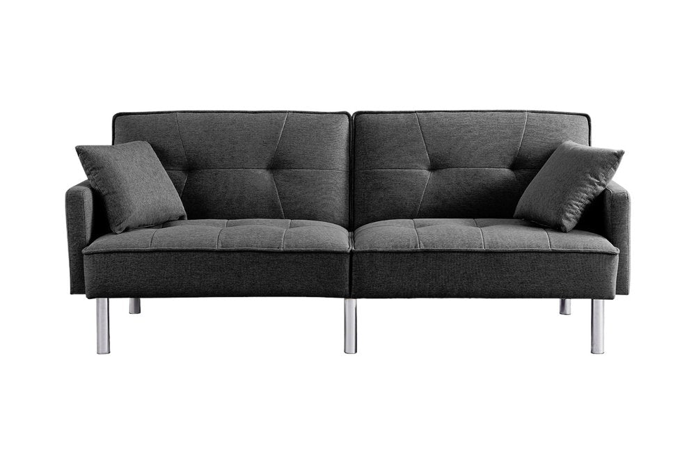 Dark Gray Polyester Blend Convertible Futon Sleeper Sofa and Toss Pillows with Silver Legs