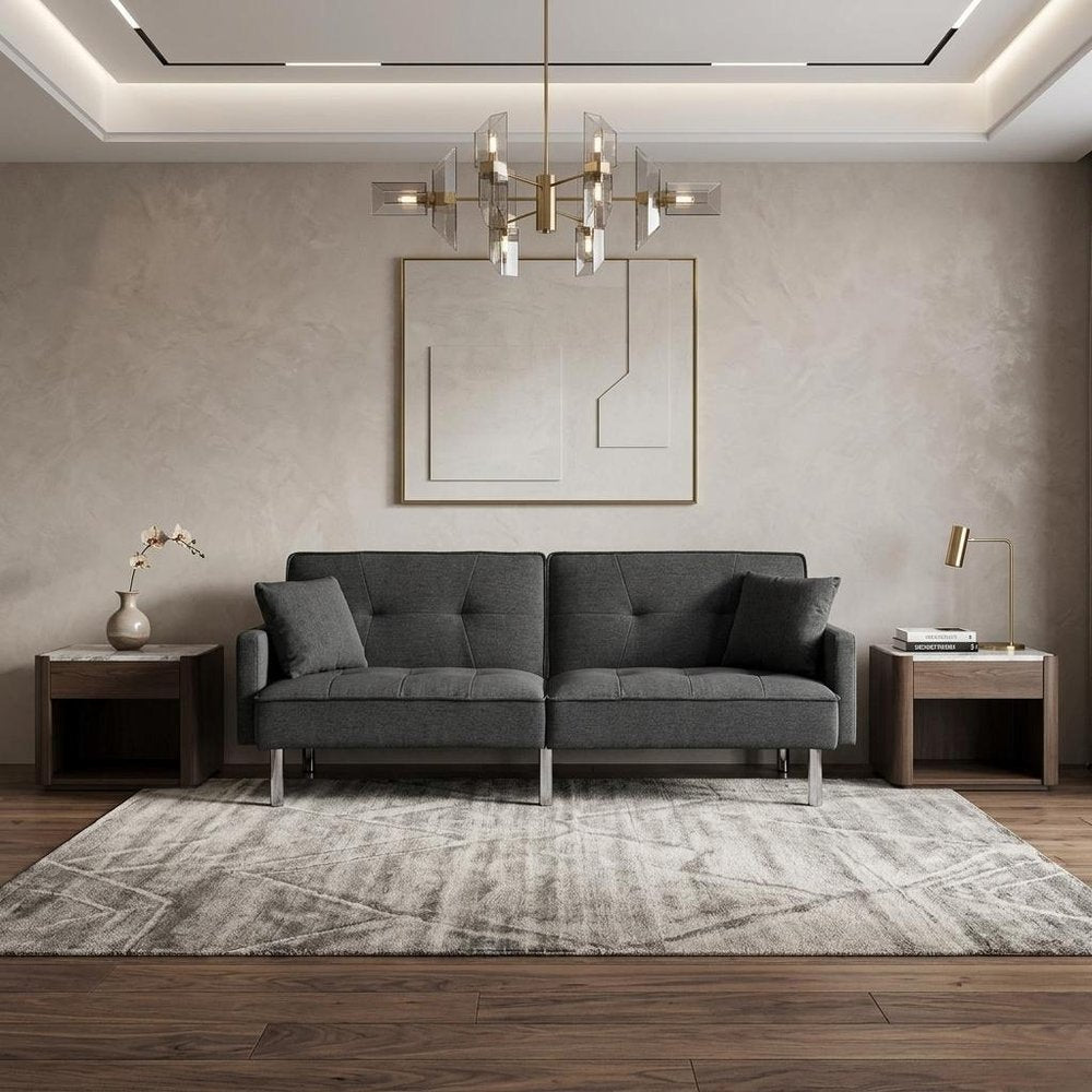 Dark Gray Polyester Blend Convertible Futon Sleeper Sofa and Toss Pillows with Silver Legs
