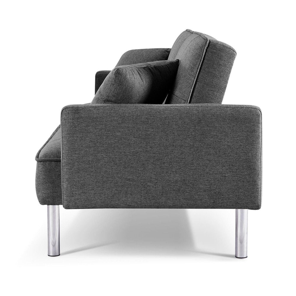Dark Gray Polyester Blend Convertible Futon Sleeper Sofa and Toss Pillows with Silver Legs
