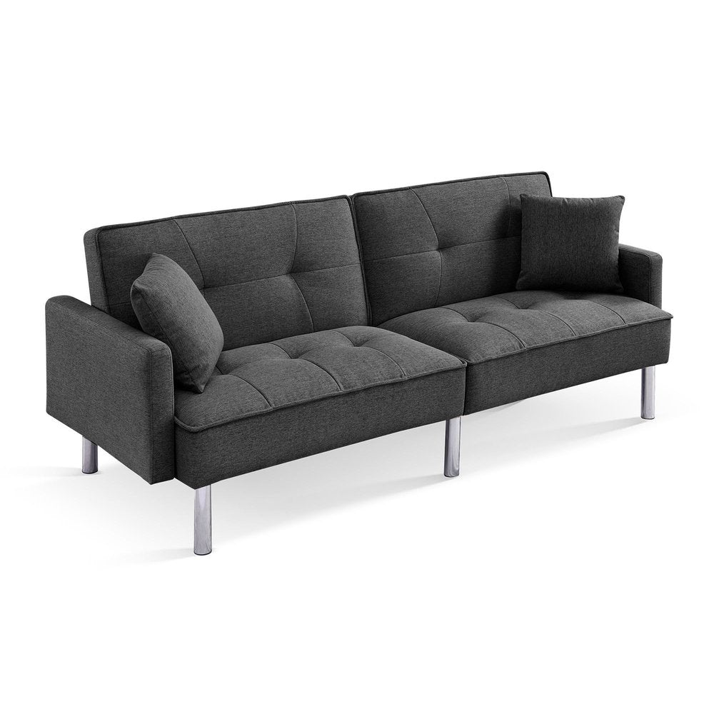 Dark Gray Polyester Blend Convertible Futon Sleeper Sofa and Toss Pillows with Silver Legs